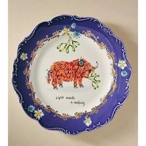 Anthropologie Lou Rota 12 Days of Christmas Dessert Plate 8 Maids Milking NEW